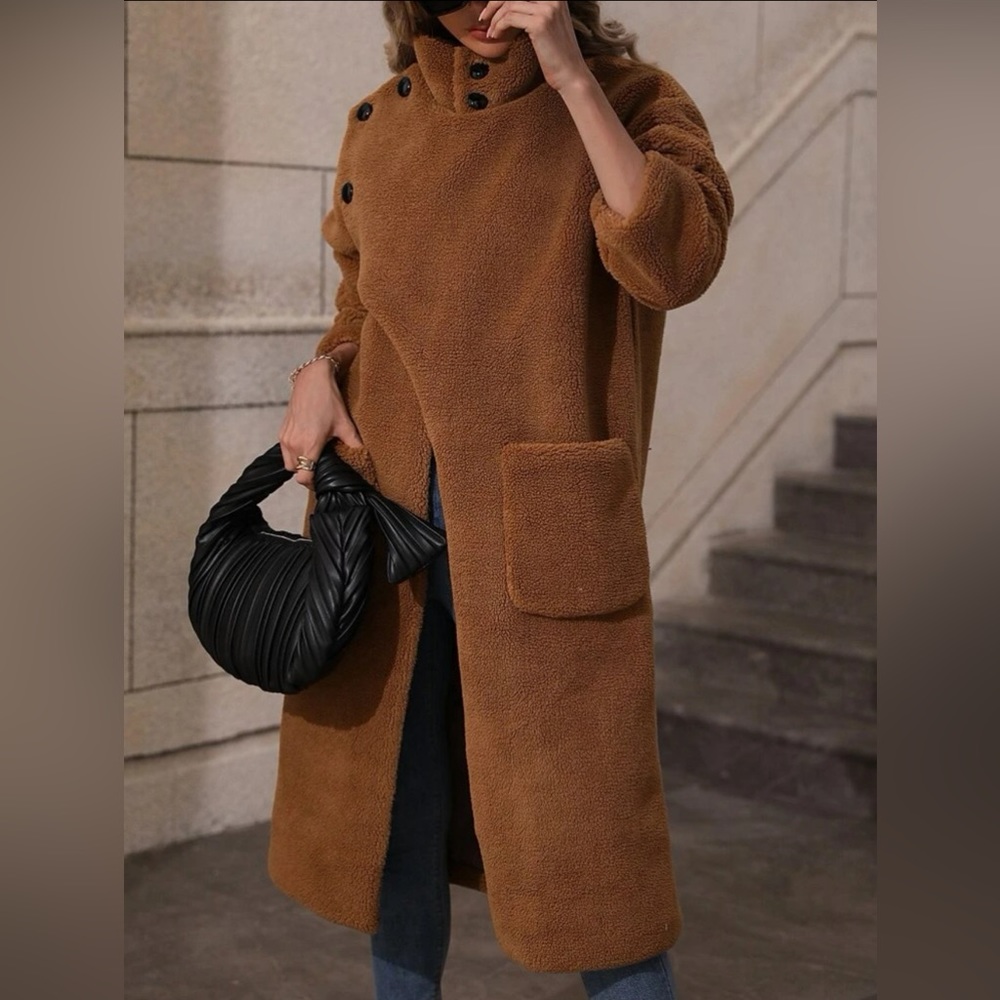 Shein Double Pocket Drop Shoulder Teddy Coat